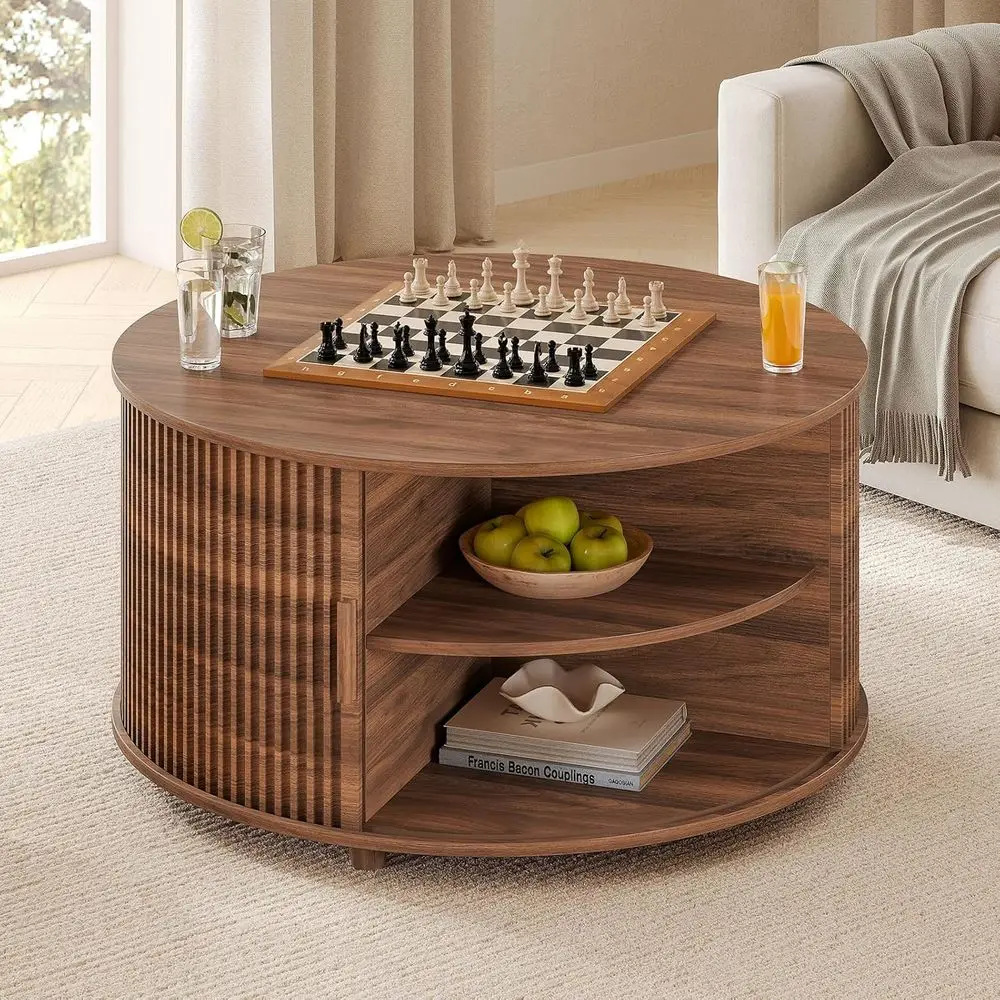 Walnut Curved Sliding Door Coffee Table with Hidden Storage for Living Room & Office, 34.6 Modern Design