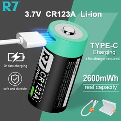 Batería recargable de iones de litio R7 CR123A, 3,7 V, 2600mWh, carga tipo C para linterna LED, alarma de humo, cámara de visión nocturna