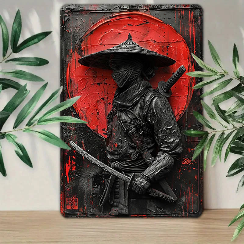 1Pc Vintage Japanese Warrior Ninja Metal Wall Painting Art Plaque Sign 2D Plane Sign for Bar Home, Garden Man Cave Bedroom Decor