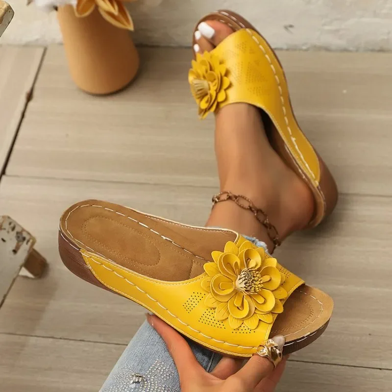 

Women's Floral Wedge Slide Sandals Open Toe Slip-On Comfort Walking Shoes Casual Cutout Summer Beach Slippers Ladies Footwear