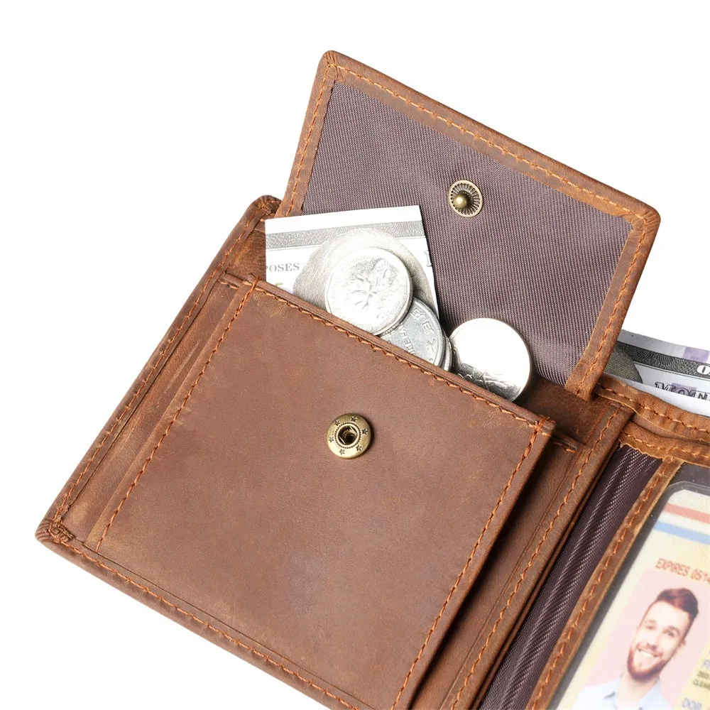1157 Men's Retro Genuine Leather Coin Purse Short Casual Cow Pickup Truck with Leather Wallet At The Top of The Head