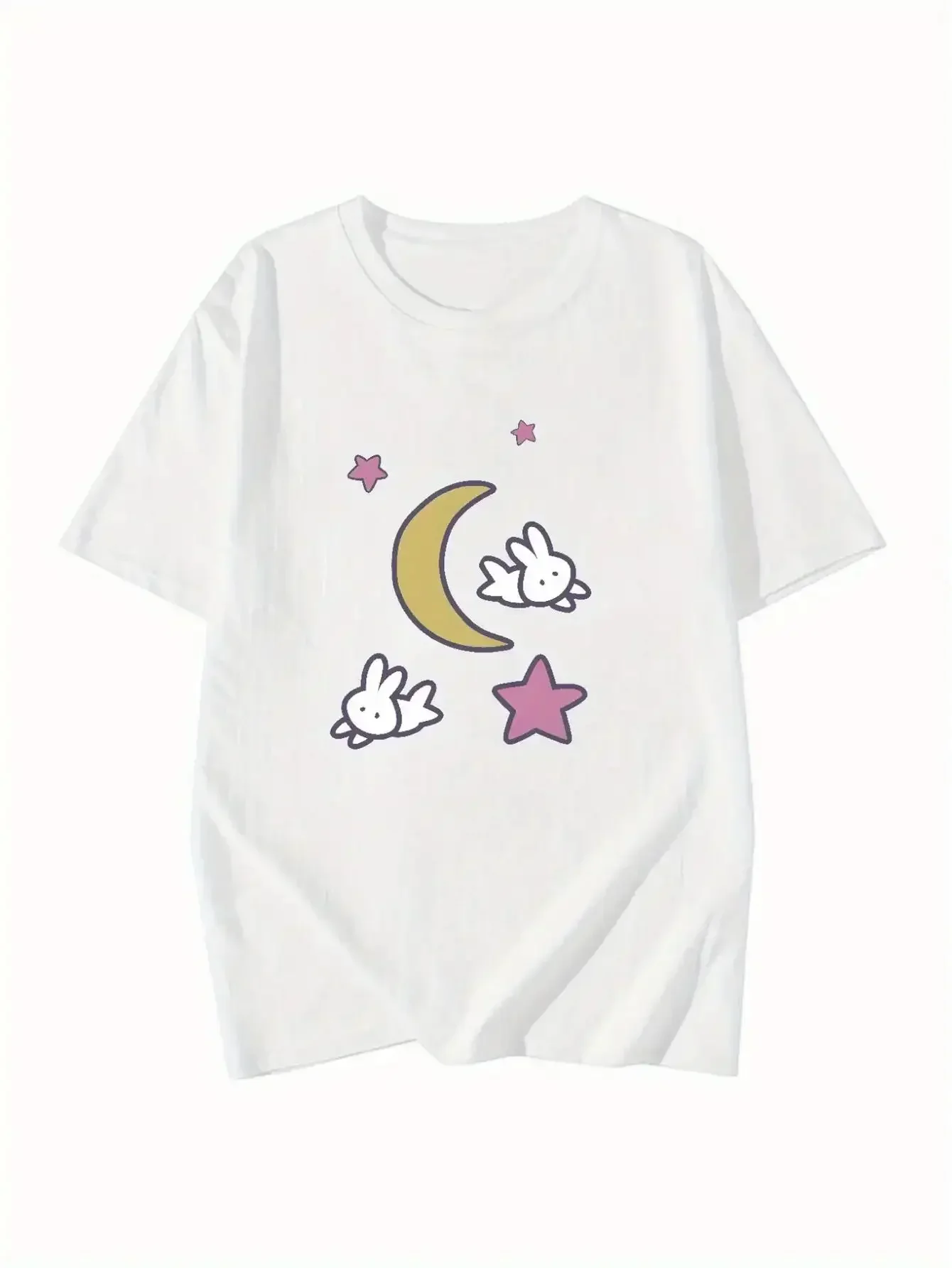 

Cute Rabbits Stars and Moon Print Summer Sporty Daily Wear Tee Women's Casual Print Round Neck Short Sleeve Tops Tees Streetwear