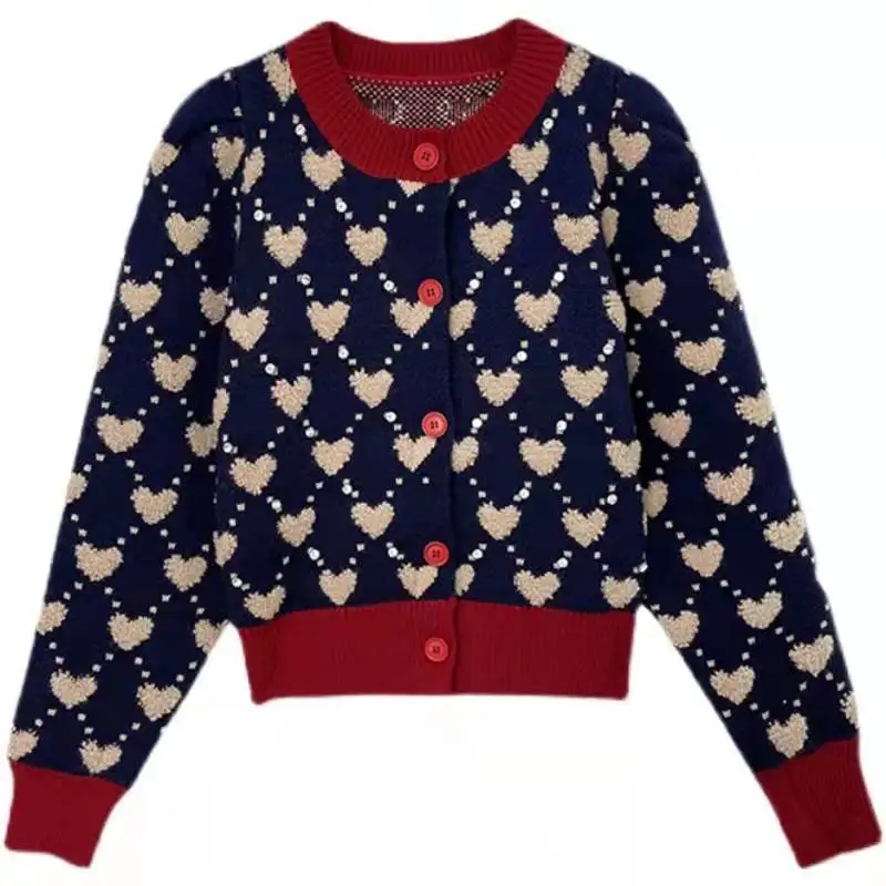 Autumn Winter Fashion Patchwork Diamonds Knitting O-neck Long Sleeve Cardigan Female All-match Buttons Embroidered Sweater Tops