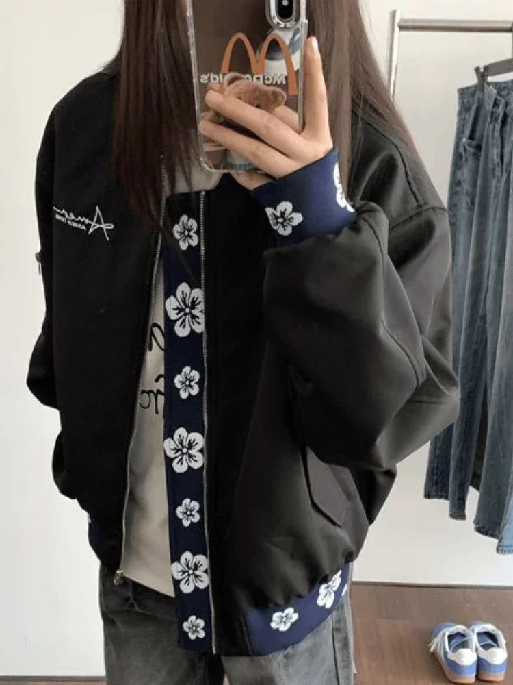 

ADAgirl Vintage Floral Print Jackets for Women Zip Up Baseball Bomber Jacket Female Korean Style Fashion Oversize Streetwear Top