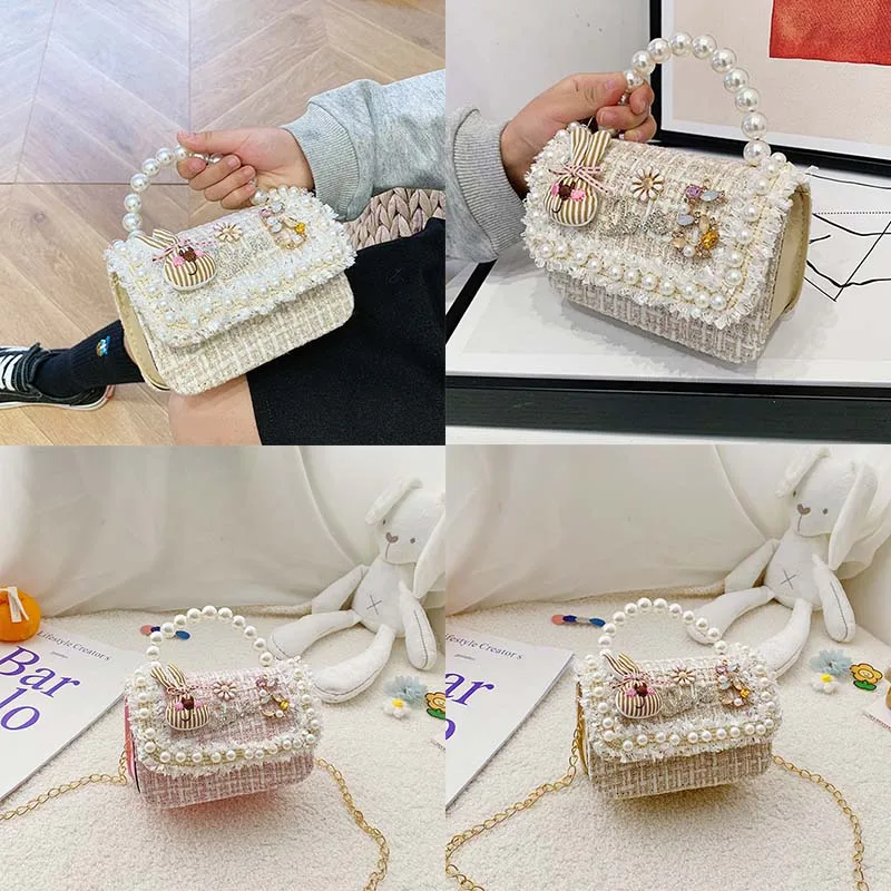 Rabbit White Children\'s Pearl Handheld Bag Cotton and Hemp Cute and Fashionable Mini Zero Wallet -1PCS