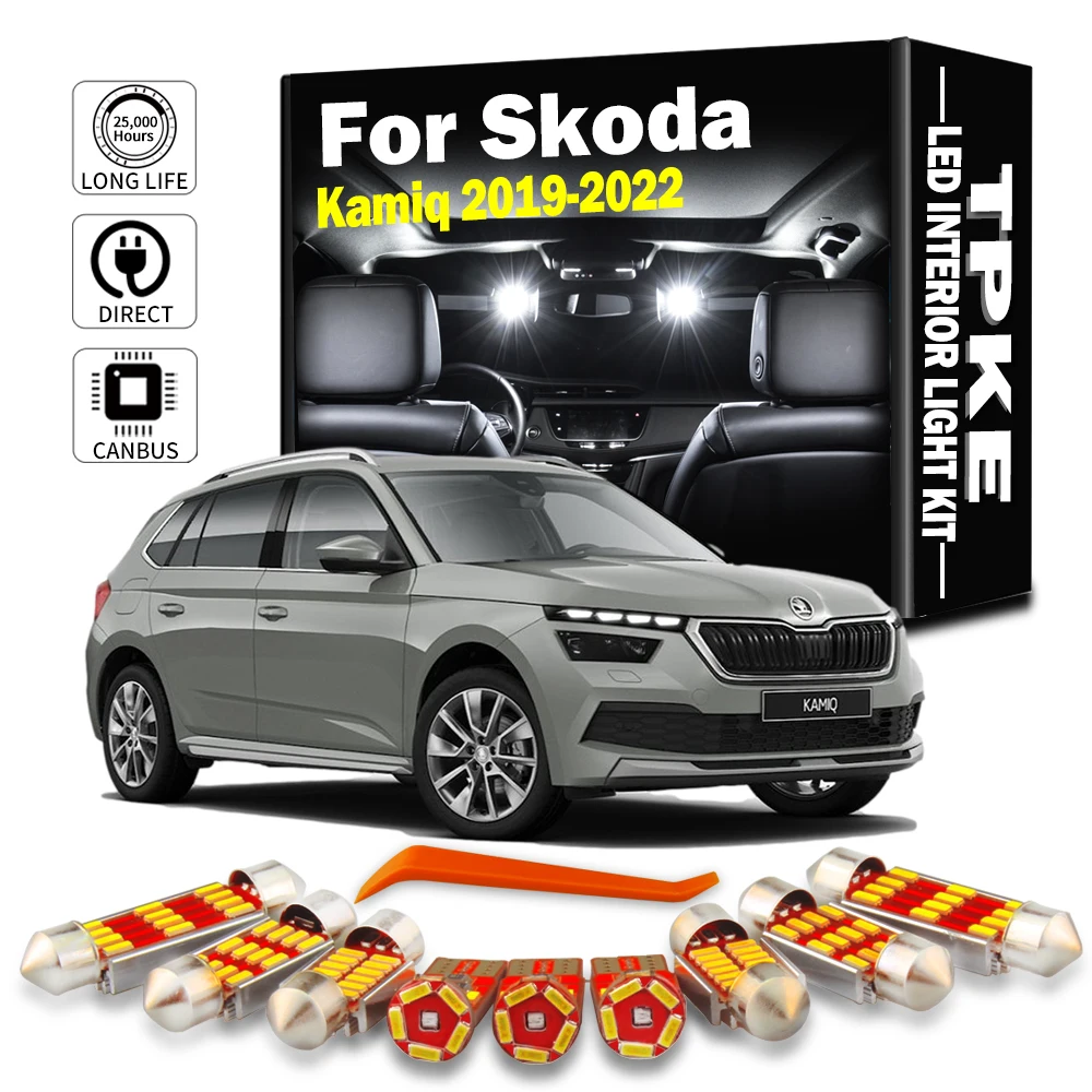 TPKE 9Pc Zestaw oświetlenia wewnętrznego LED do Skody Kamiq 2019 2020 2021 2022 Samochodowa lampa kopułkowa z mapą Akcesoria samochodowe Canbus Bez błędów