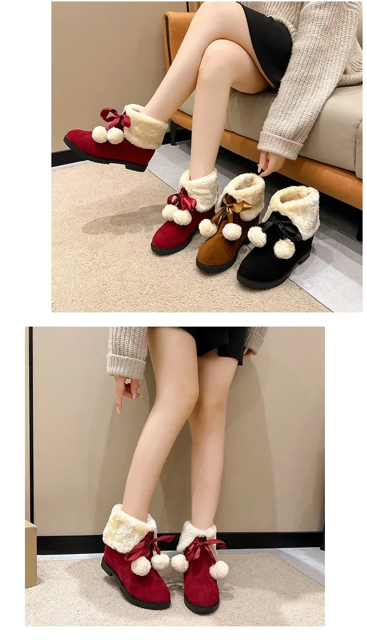 2024 New Winter Women's Shoes Sweet Bow Hairball Short Tube Snow Boots Women's Velvet Comfortable Warm Cotton Shoes