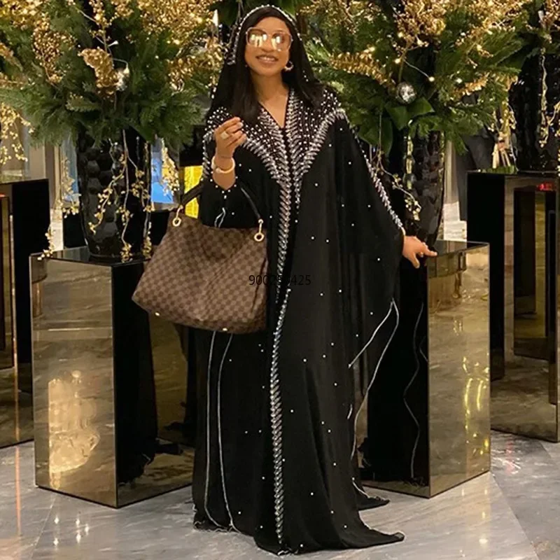 Luxury African Dresses for Women 2025 New African Clothing Dashiki Diamond Abaya Dubai Robe Evening Long Muslim Dress Hood Cape