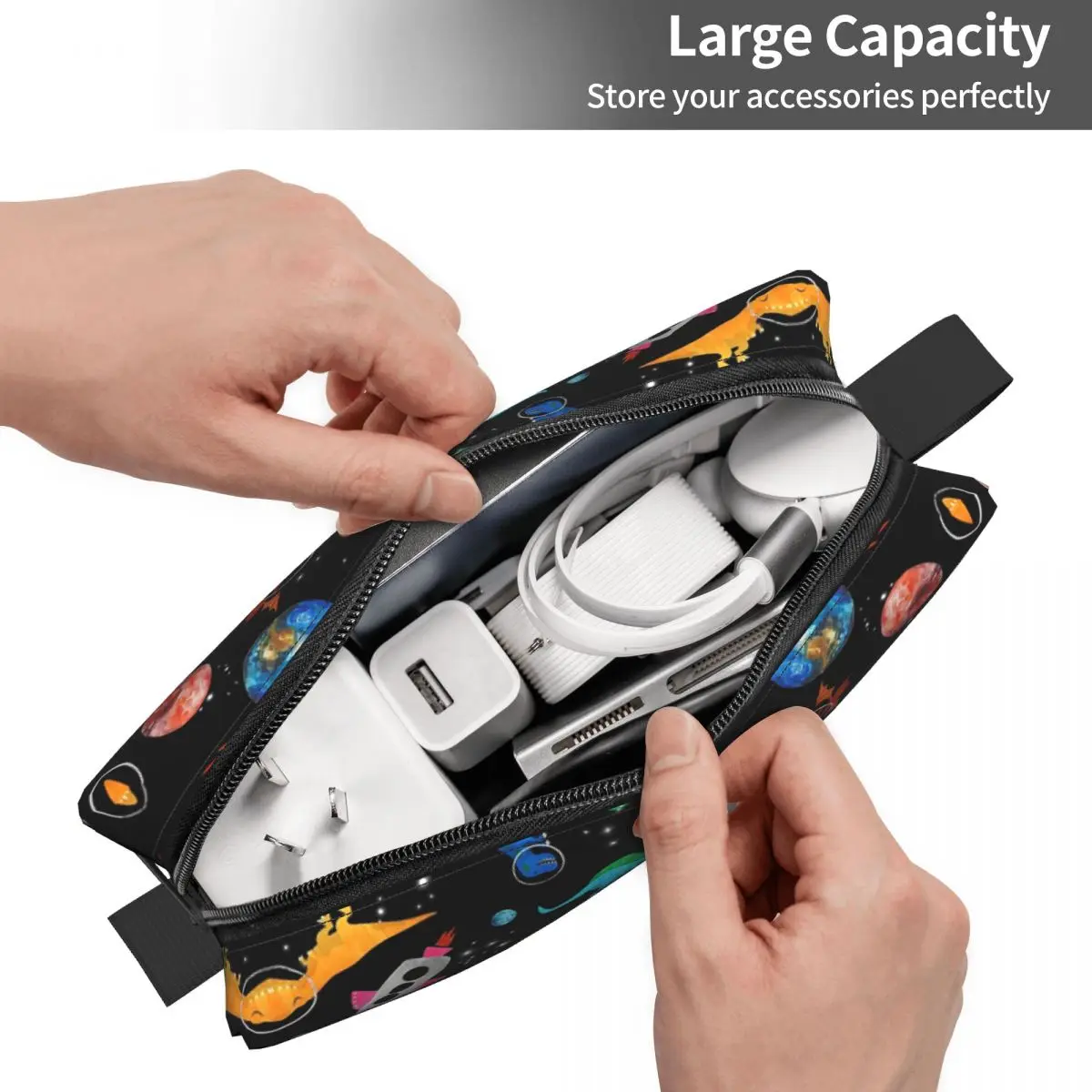 Dinosaur Astronauts In Outer Space Makeup Bag Cosmetic Storage Dopp Kit Toiletry Cosmetic Bag Women Beauty Travel Pencil Case