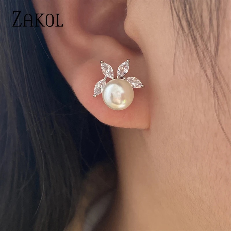 ZAKOL Classic Round Simulated Pearl Stud Earrings for Women Shinny Zirconia Crystal Bridal Wedding Party Fashion Jewelry