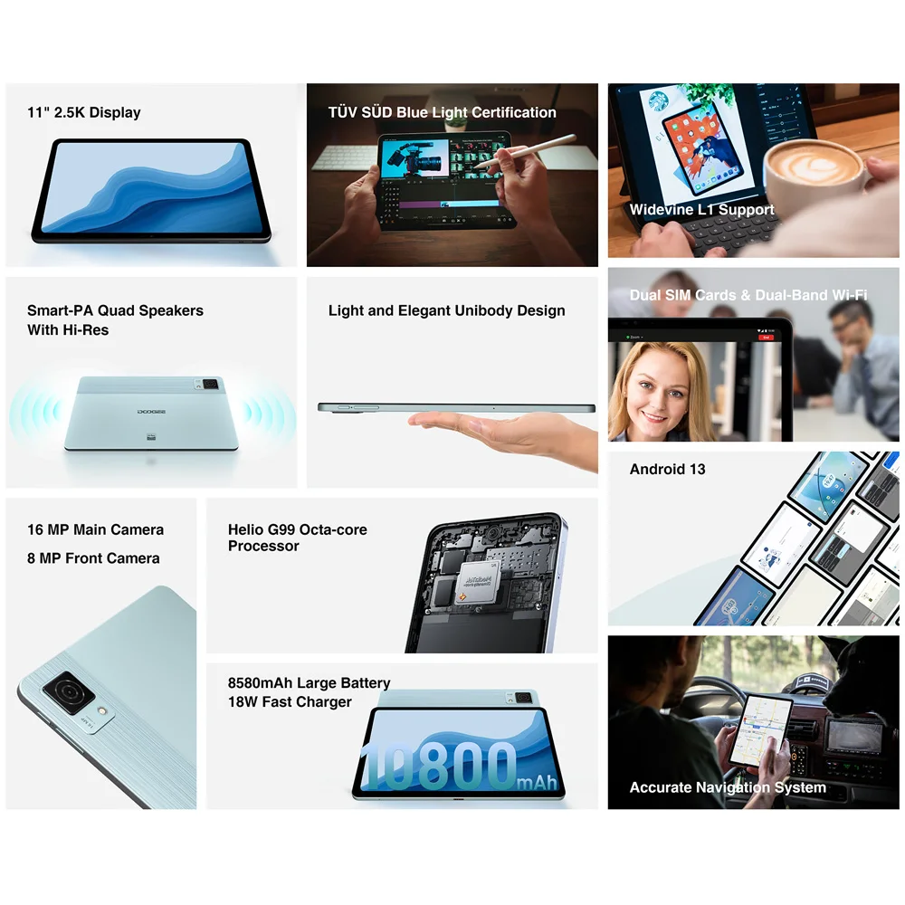 Планшетный ПК DOOGEE T30 Ultra, 11 дюймов, дисплей 2,5 карата, 12 ГБ + 256 ГБ, Octa Core Helio G99, сертифицированные Hi-Res, четырехъядерные динамики, Android 13 8580 мАч