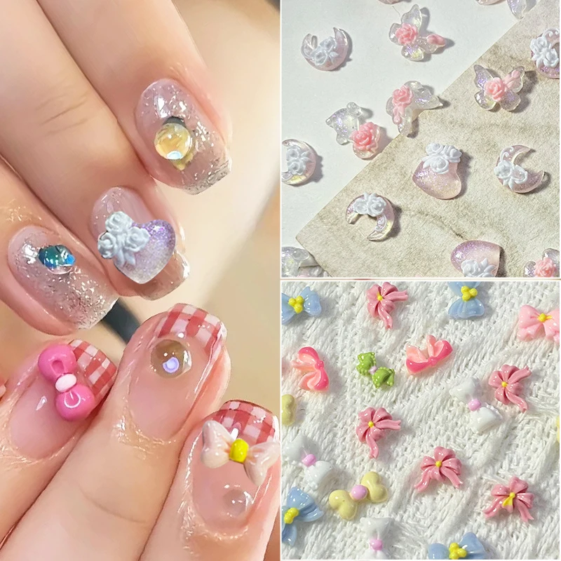 50Pcs Resin Multiple Heart Flower Bowknot Nail Charm Summer Dopamine Cartoon Nail Art Decoration Accessories Manicure DIY Design