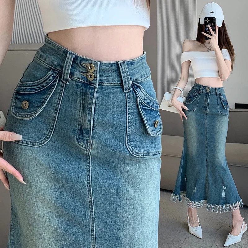 Tassel Fishtail Denim Skirts for Women 2025 Spring Retro Fashion Slim Skirts Casual High Waist Pockets Mid Skirts New Streetwear