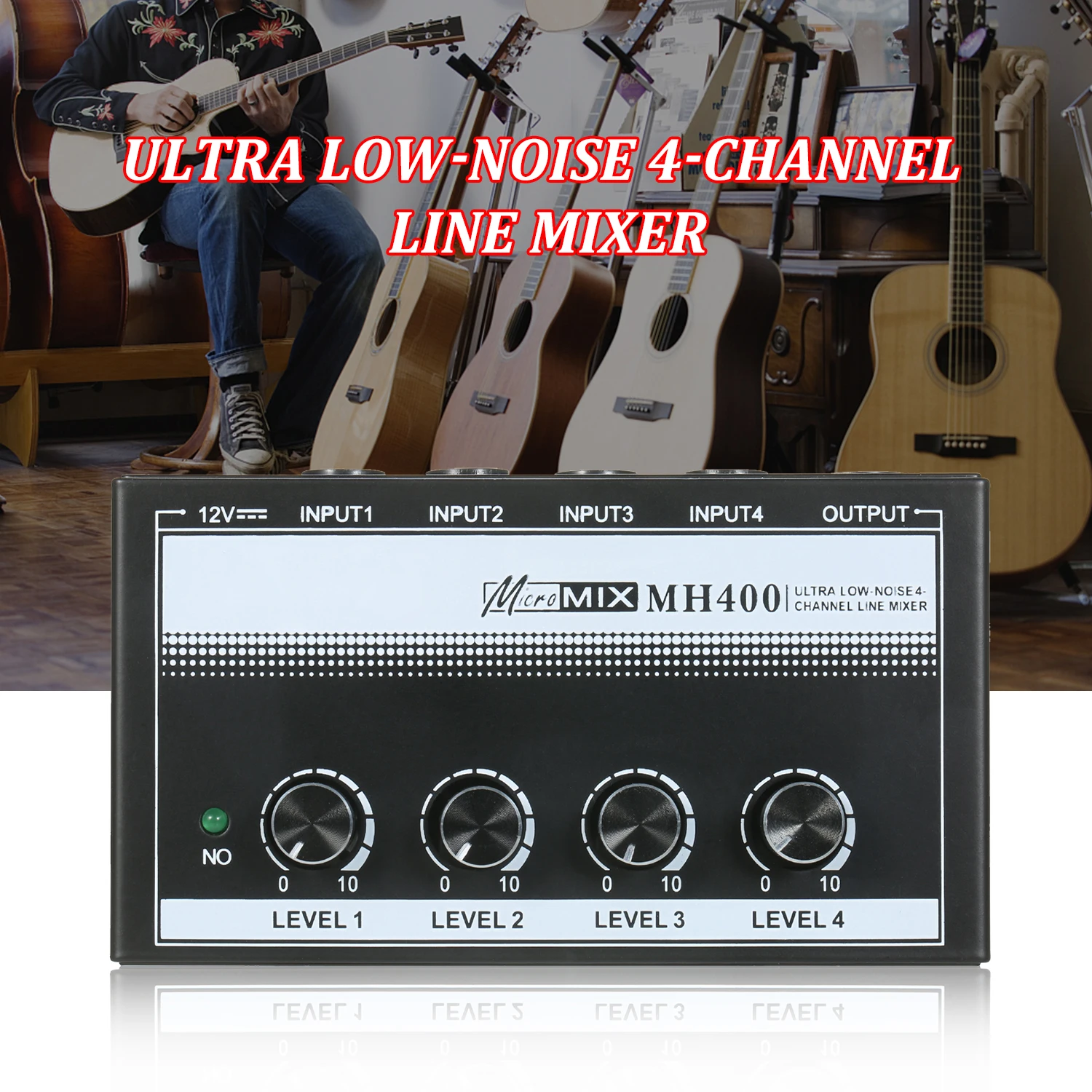 MH400 Ultra Low-Noise 4-Channel Line Mixer Mini Audio Mixer 1/4-inch TS Inputs &Output Volume Control for Guitars Bass Keyboards