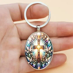 1pc Vintage Colored Cross Pattern Circular Glass Keychain Metal Pendant Jewelry Religious Fashion Gift