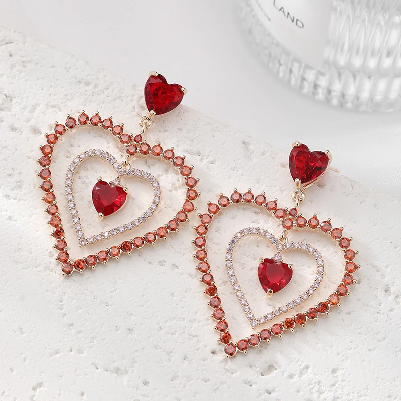 

SENYU Jewelry Fashion Multi-layer Heart Dangle Earrings Blue,Red,Clear Zircon Elegant Women Earrings for Party Jewelry Gift