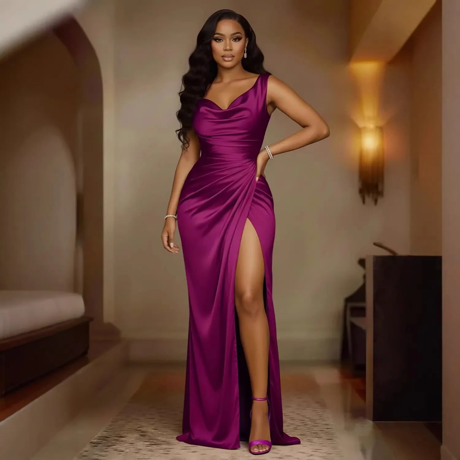 Sleeveless High Waist Dress Maxi Length Commuter Chic with Daily Tight Fit One Slim Fit Elegant Style Pleated Dress for Women