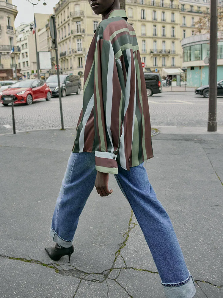 Winter 2025 Women's Faionable Long Sve awl Collar Striped Silk Satin Feel irt Versatile New Arrival 330