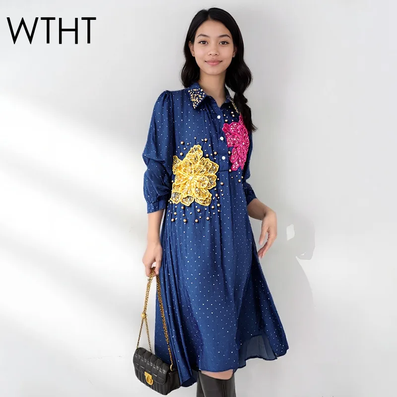 

WTHT Новое модное женское свободное джинсовое платье с 3D цветком и жемчугом, весна 2026, женские платья с короткими рукавами и лацканами 1LS2824
