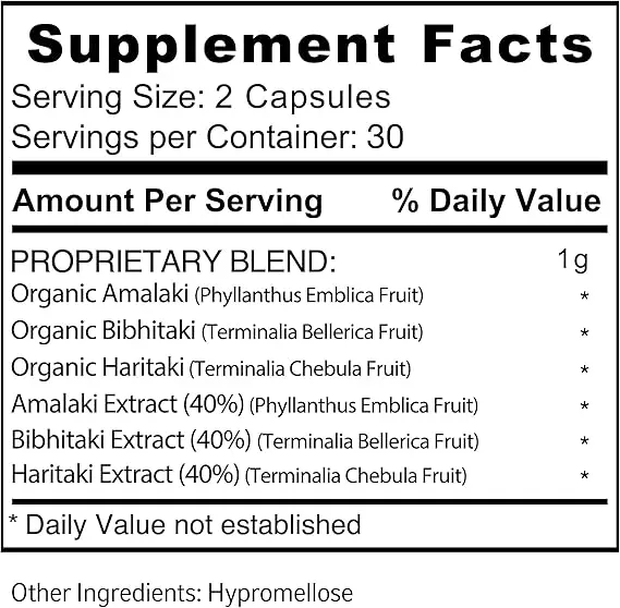 Triphala Supplement - Organic Triphala Capsules Made from Amalaki, Bibitaki, and Haritaki Powder Capsules -60 Capsules