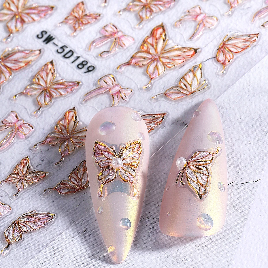 2pcs 5D นูนผีเสื้อสติกเกอร์เล็บ Luxury Glitter Aurora กลีบผีเสื้อตกแต่งเล็บสติ๊กเกอร์ DIY เล็บ Slider