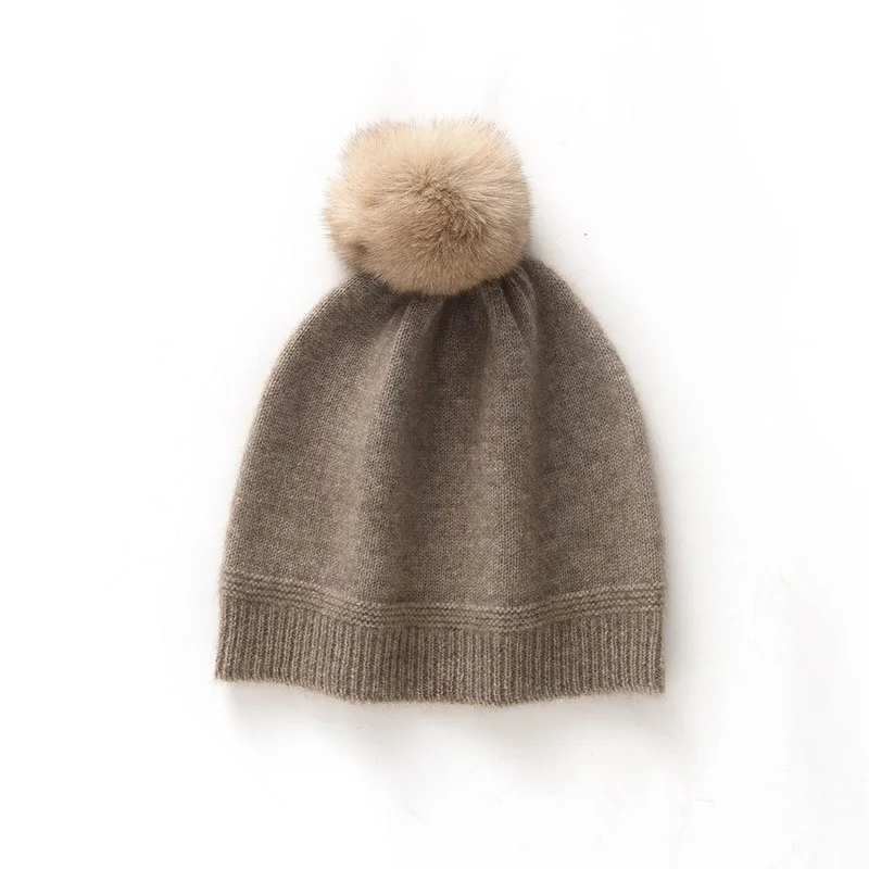 Winter Natural Goat Woolen Knitted Hat For Women In Fox Fur Ball Outdoor Warm Earflaps Skull Beanie Hat High Grade Soft Cashmere