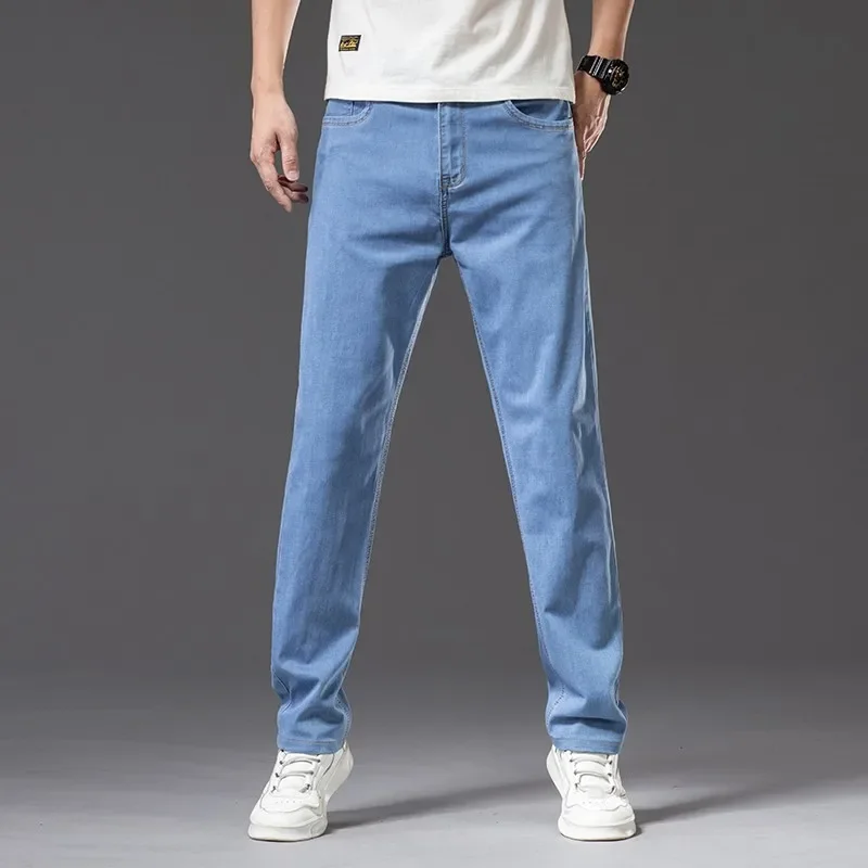 2022 Denim Pants Male Classic Brand Trousers Male Men\'s Light Blue Jeans Loose Straight Plus Size 40 42 44