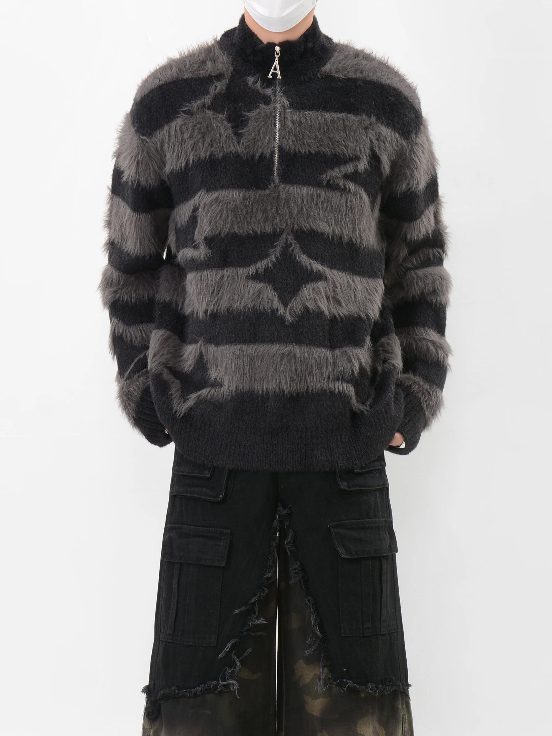 

Модный дизайнерский стиль, осенне-зимний свитер с мехом лошади, мужское полосатое вязаное пальто контрастного цвета