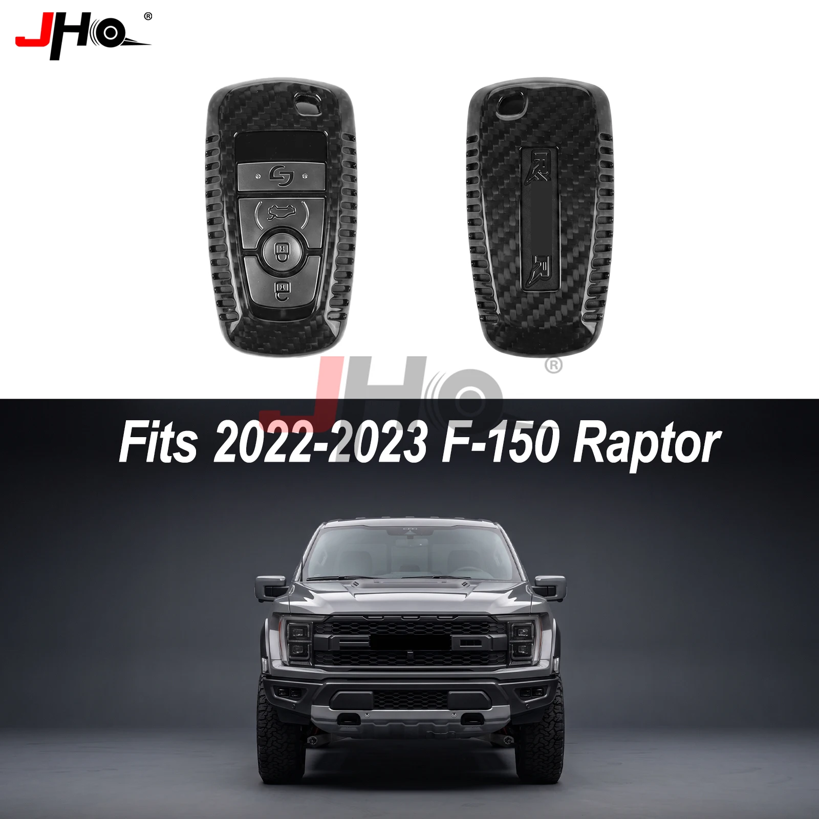 JHO Real Carbon Fiber Key Fob Cover for 2022 2023 Ford F150 Raptor Keyless Remote Case Shell Protector