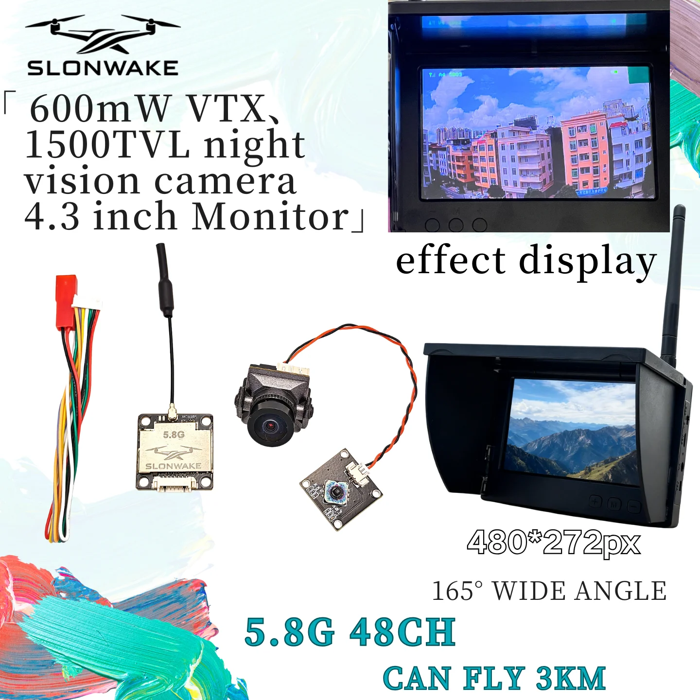 

SLONWAKE 5.8G 4.3 inch 480*272monitor with 600mW VTX Transmitter and CMOS1500TVL fpv night vision camera for use of small drones