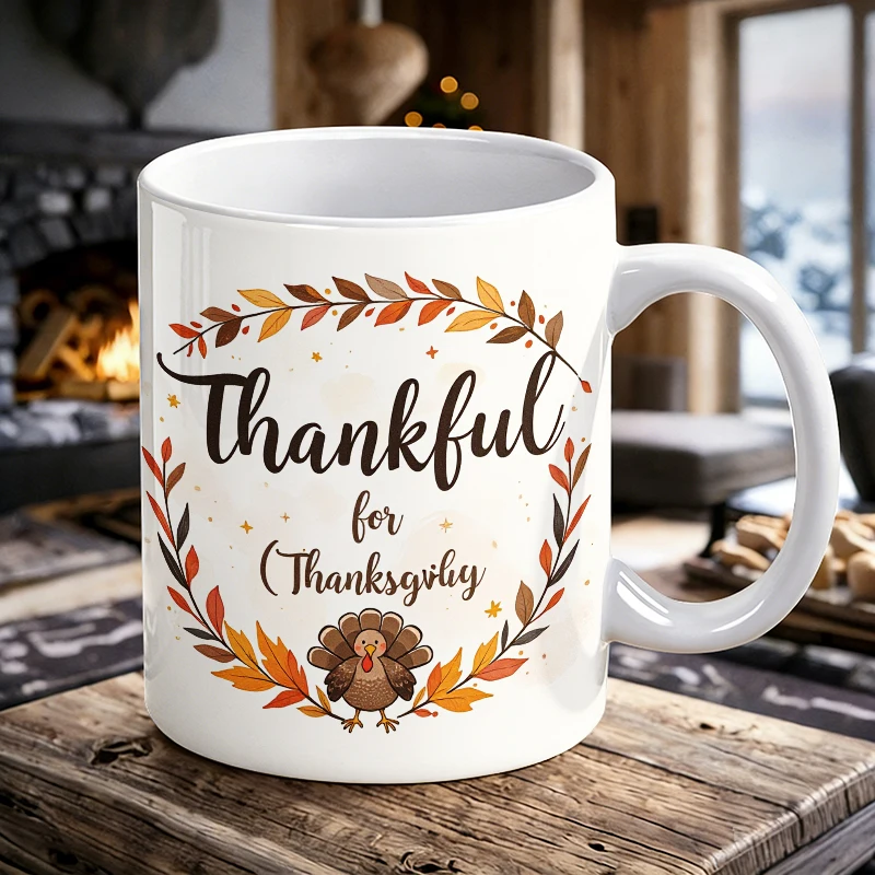 

"Thanksgiving" Ceramic Mug with Handle, Creative Pattern Coffee Mug, Insulated Milk Cup, Office Water Cup, Fade-Resistant