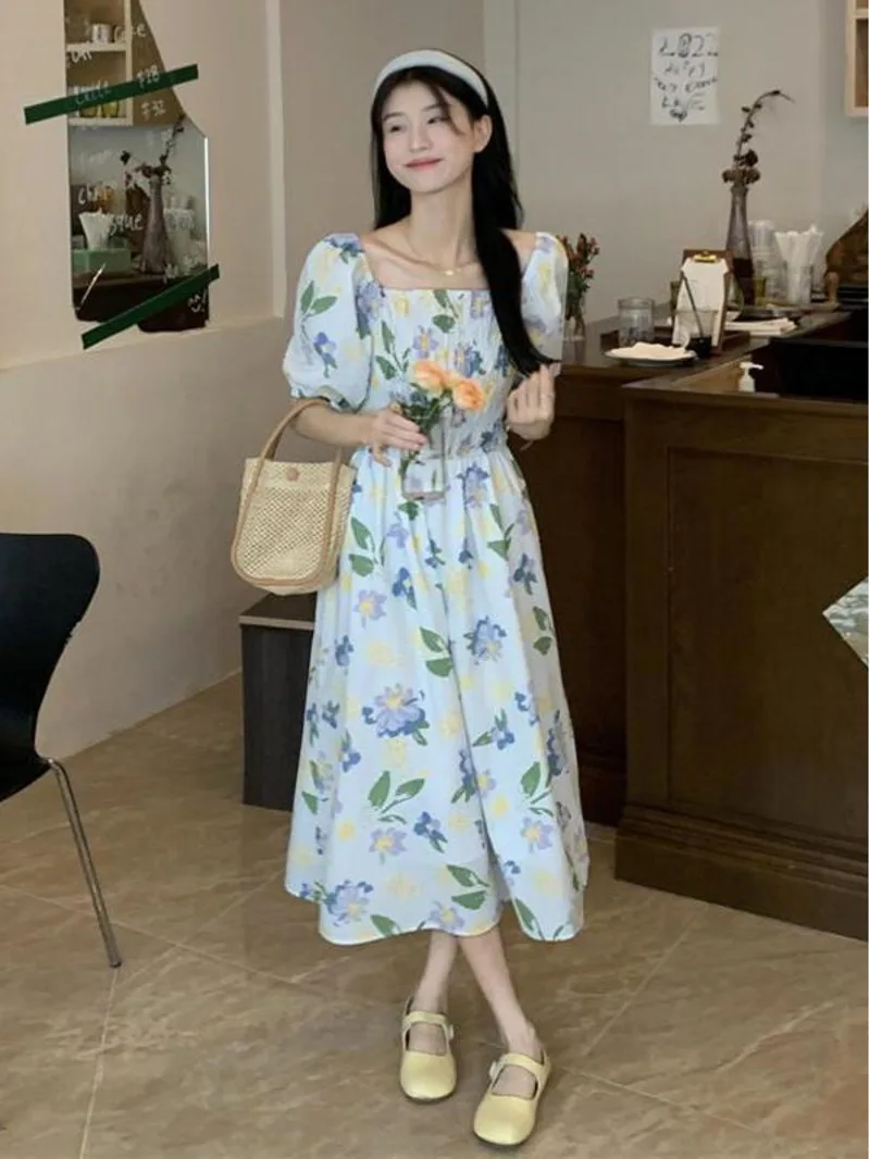 

French British style one line collar off the shoulder floral dress for womens fashion summer new western-style slimming and PH66