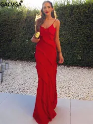 GACVGA Ruffles V Neck Women Elegant Maxi Dress Sexy Party Club Backless 2023 Summer Sleeveless Beach Bodycon Long Dresses