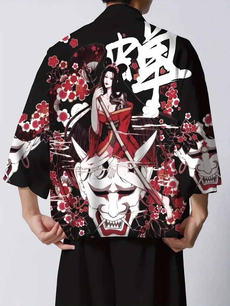 Trend Fashion Japanese Summer Kimono Red Lotus Dream Bong Xian Print Traditional Kimono Casual Loose Cardigan Short Sleeve
