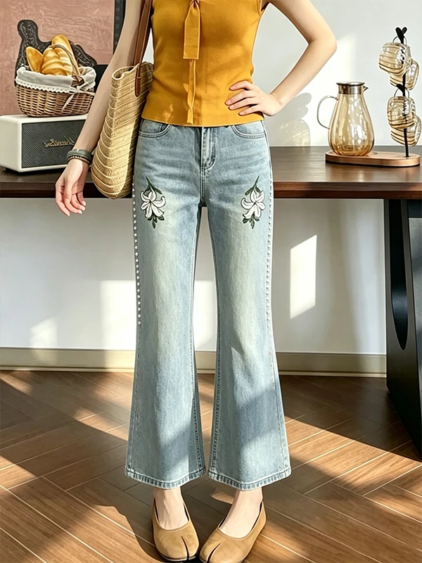 

Heavy Embroidery Flower Design Women's Jeans High Waist Micro Flare Casual Long Pants Summer Fashion Slimming Versatile