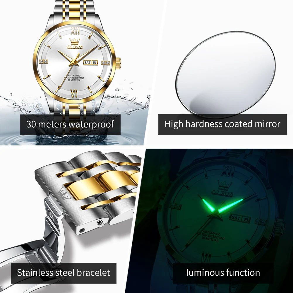 OLEVS 7061 Herrenuhr, Dual-Kalender, mechanische Uhr für Männer, hohe Härte, Spiegel, Edelstahl, wasserdicht, Luxus-Handuhr