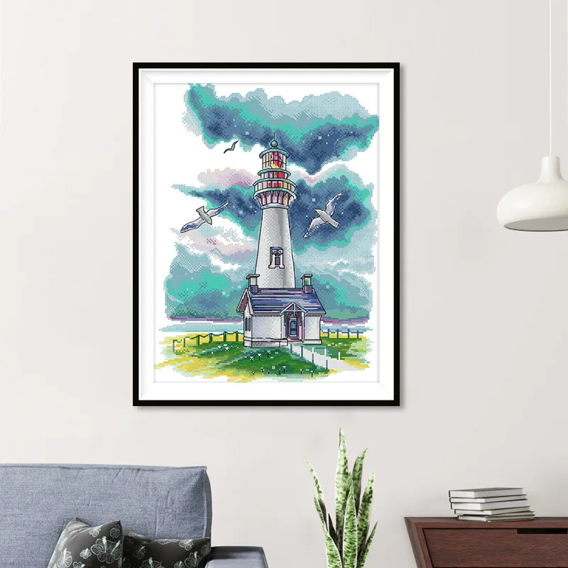 

Joy Sunday Pre-printed Cross Stitch Kit Easy Pattern Aida Stamped Fabric Embroidery Set-Lighthouses and Seagulls