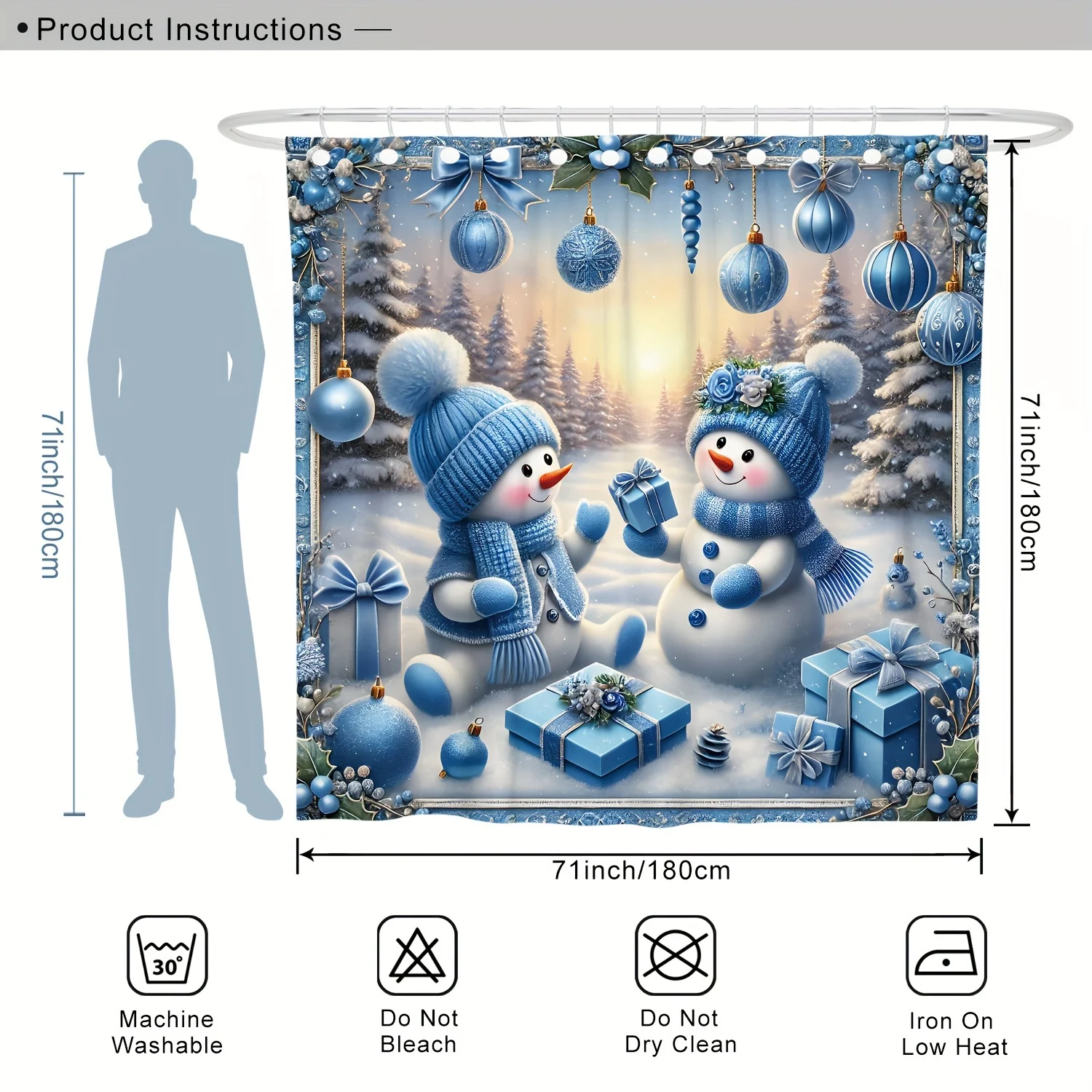 

Christmas Winter Shower Curtain Set - Snowman and Christmas Ball Gift Cute Blue, Polyester Washable for Xmas Holiday Bathroom De