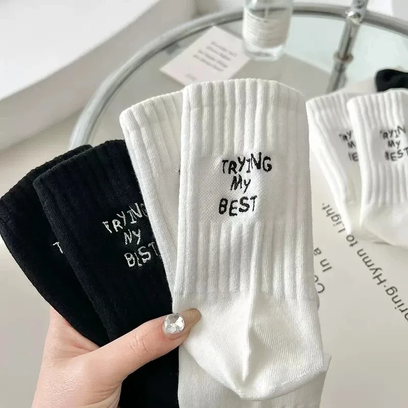 Women Crew Socks New Spring Summer Japanese Style Letter Embroidery Sports Socks Women\'s Breathable Girls White Cotton Socks