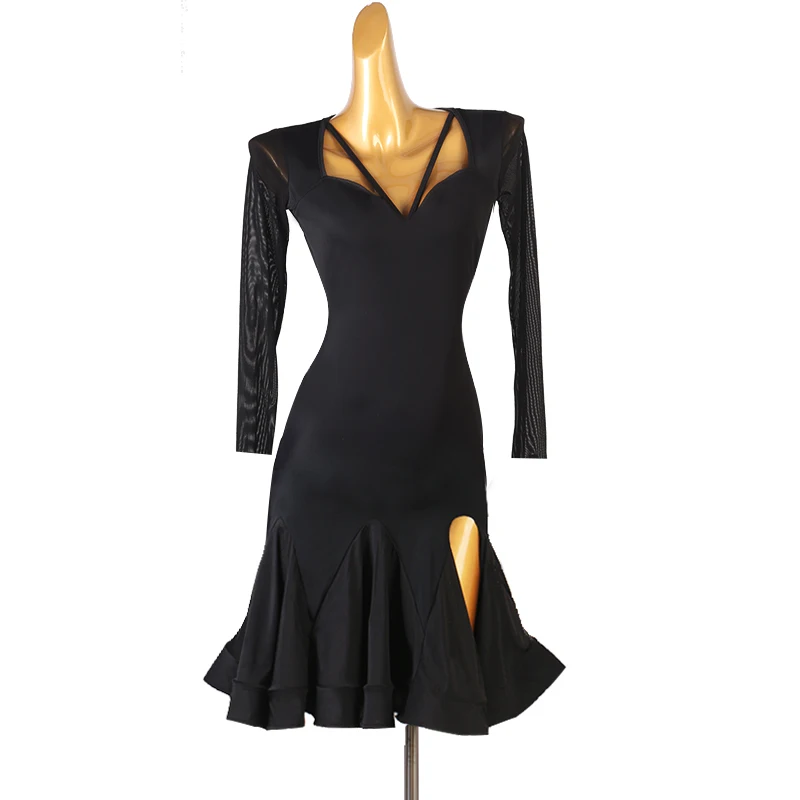 Black Latin Dance Skirt Women Long Sleeve Rumba Samba Latin Game Dress Lady's Graceful Latin Competition Dancing Dresses