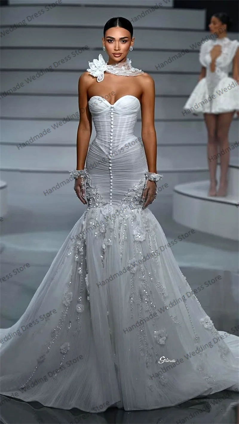 

White Wedding Dress Floral Necklace Sexy Sweetheart Sleeveless Luxury 3D Flower Bridal Gown Customized Beach Garden Long Robe