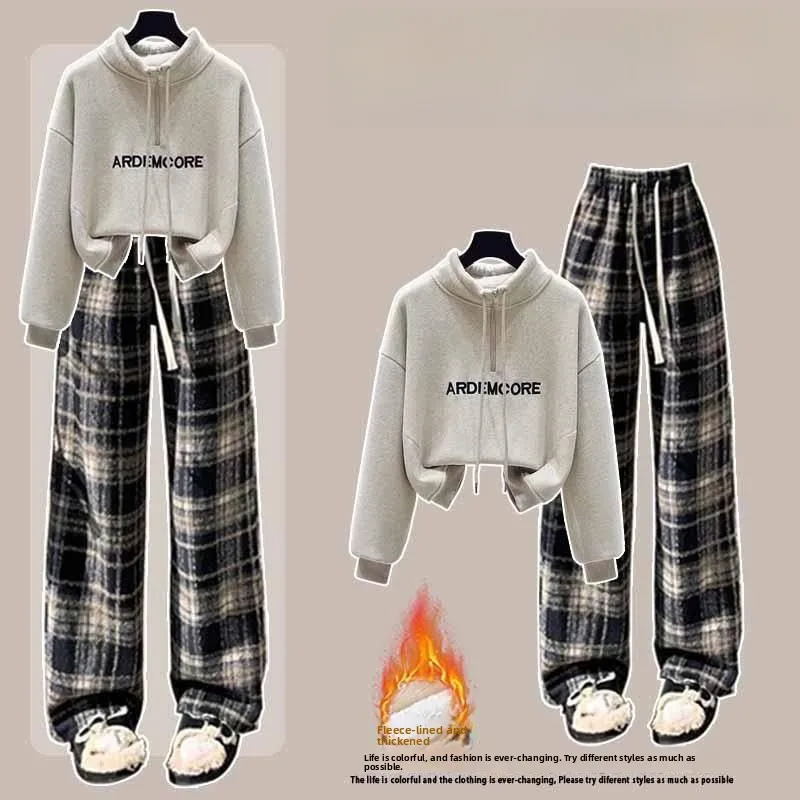 

Thickened Fleece Sweatshirt with Half Zipper And Embroidered Letters Winter Warm Wide Leg Pants Two Piece Set for Women