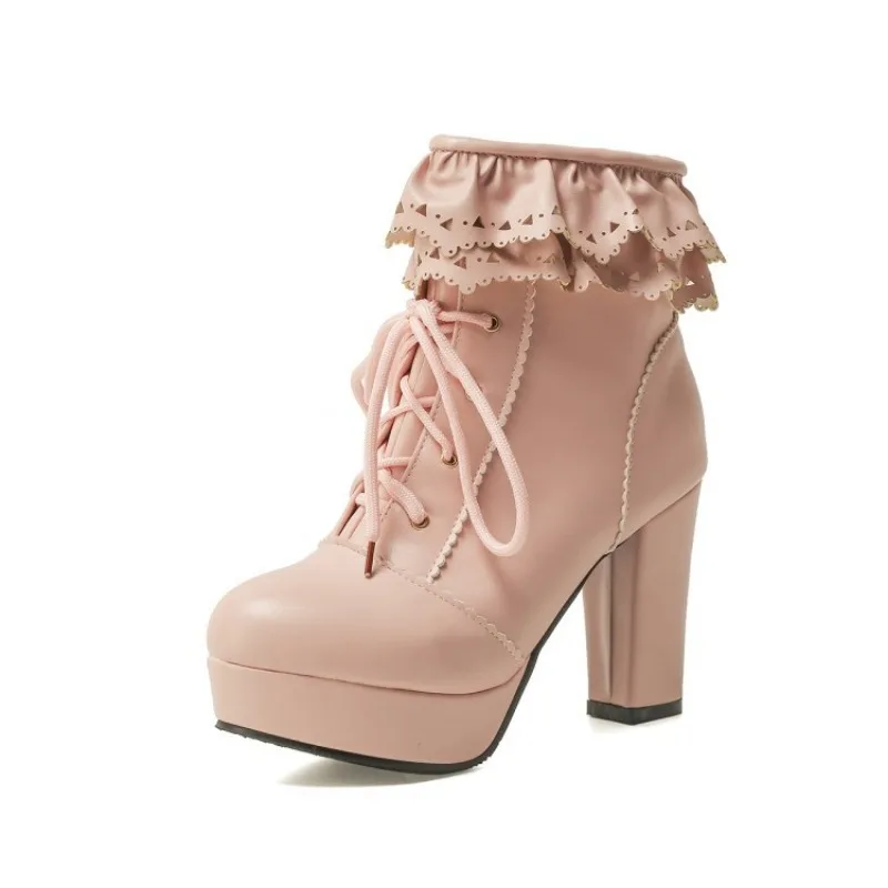 

Pink Chunky High Heel Japanese Lolita Shoes Butterfly-knot Ruffle Tassel Womens Cosplay Princess Ankle Boots Winter Warm Inner