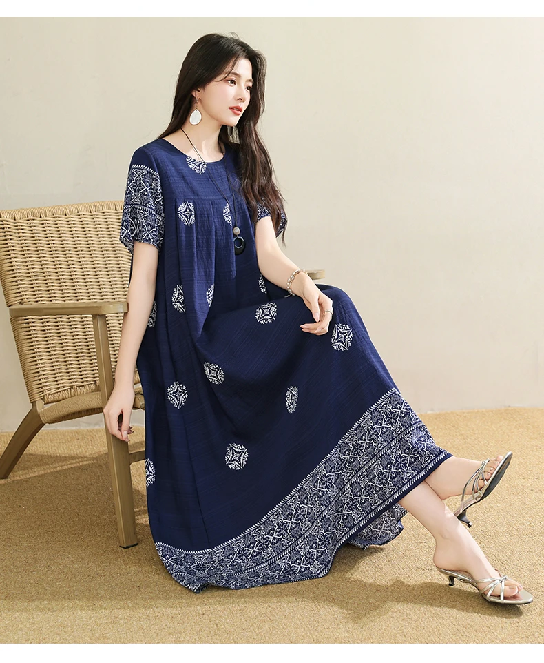 New 2025 Summer Dress For Women Plus Size Dress Casual Short Sleeve Boho Vintage Print Long Maxi Dress Beach Women Clothing