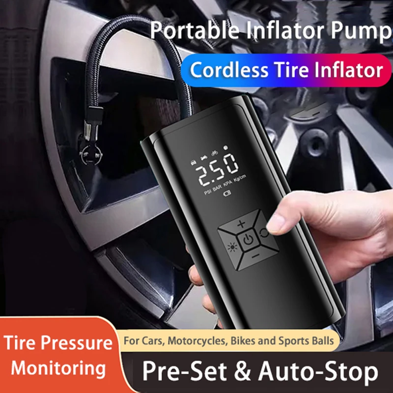 

Портативный беспроводной воздушный компрессор 150PSI, умный насос для накачки шин с LED-подсветкой, быстрое подключение для автомобиля, мотоцикла, велосипеда, мячей