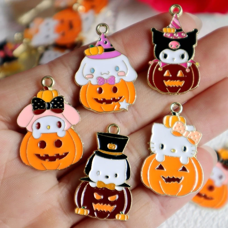 10pcs Bigger Anime Kawaii Sanrio Kuromi Hello Kitty Halloween Pumpkin Alloy Pendant Metal Charms DIY Keychain Jewelry Accessory