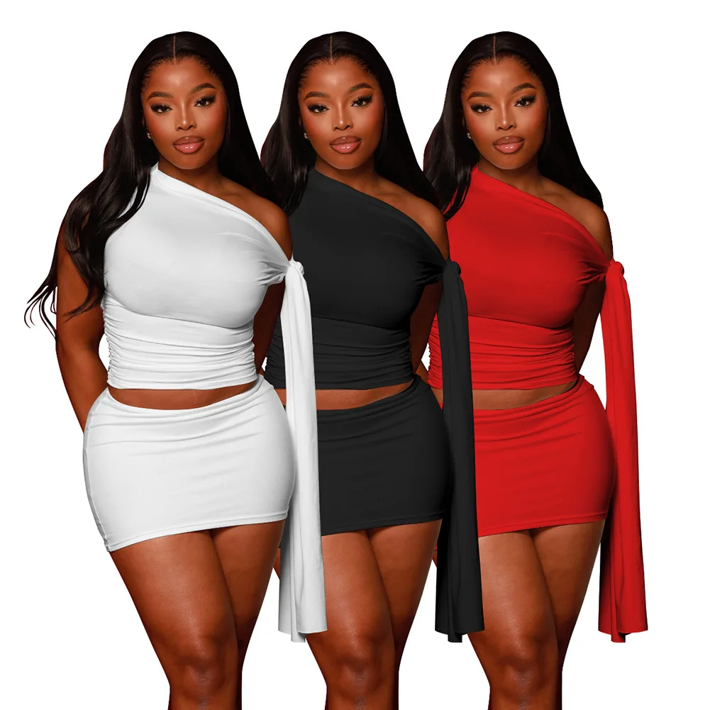 

Women Summer Solid 2 Piece Set Lace Up Ribbons Inclined Shoulder Sleeveless Tank Crop Tops + Skinny Mini Skirts Casual Suits