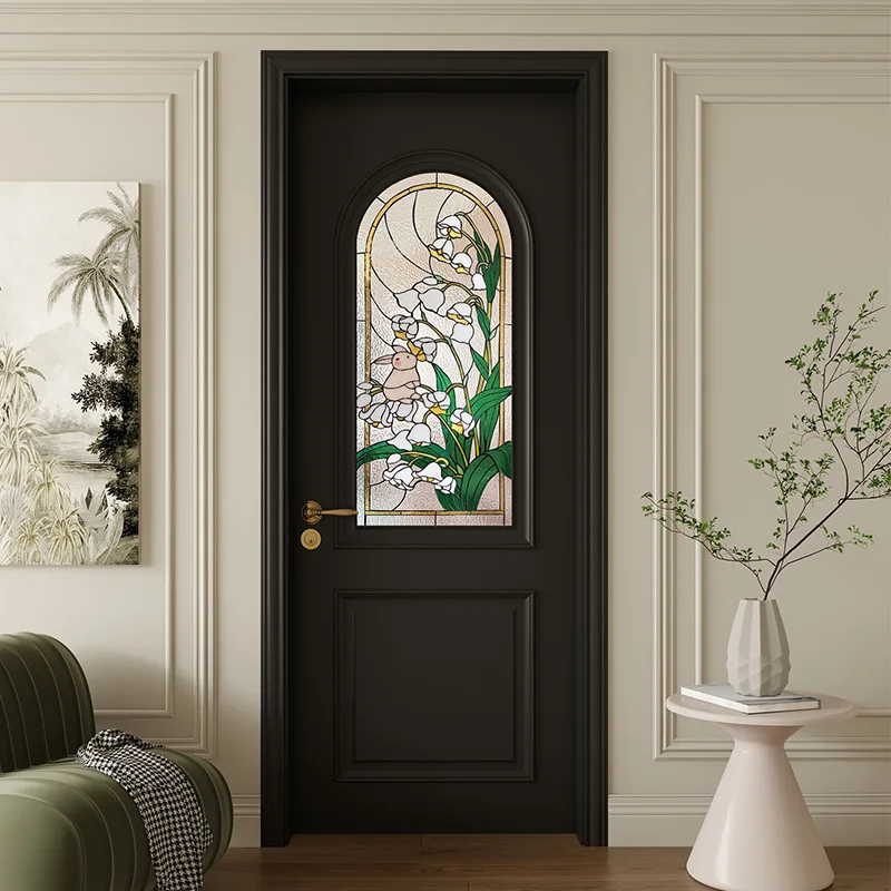 Solid wood paint door black bedroom room glass swing door