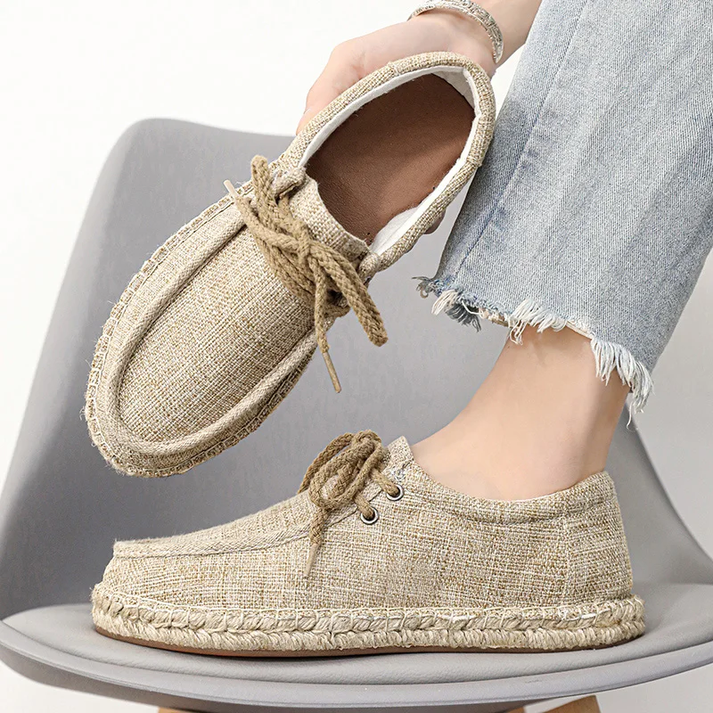 The Latest Oversized Linen Canvas Shoes, Flat Bottomed Casual Driving Shoes,2024 men\'s Versatile Lace Up Lightweight Flat Shoes