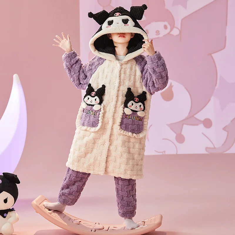 

Kawaii Sanrio Anime My Melody Cinnamoroll Kuromi Girls Winter Pajama Set Flannel Thickened Parent-Child Clothing Home Clothing